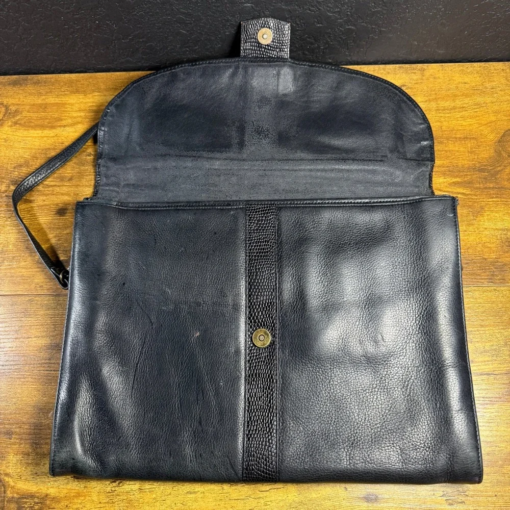 Bagaggio Vintage Black Leather Lizard Embossed‎ Messenger Bag Briefcase OS
